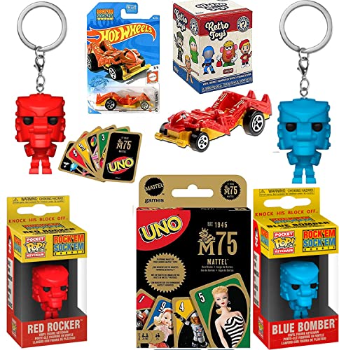 Rock Bomb Double Fight Retro Toys Rock'Em Sock'Em Pocket Pop! Robot Figures Key Bundled with Blue Bomber + Red Rocker + Mystery Minis + Zombot Games HW Car Collectibles + Compatible with Uno 5 Items