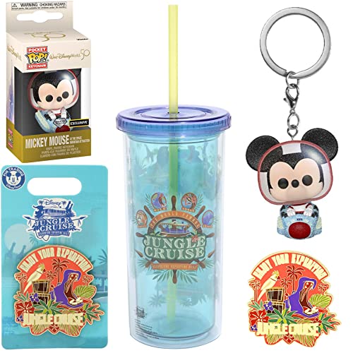 Excursion Disney Ride Tomorrowland & Jungle Cruise Adventure Exclusive Bundled with Figure Mickey Mouse Space Mountain Pocket Pop! + Boat Attraction Animal Cup + Enjoy Your Expedition Enamel Hippo Pin