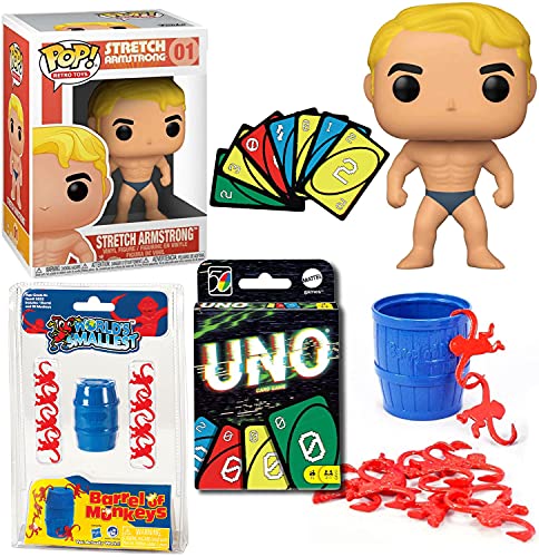 Monkey Man Retro Toys Pop! Figures Bundled with Stretch Armstrong + Smallest Barrel of Monkeys + Compatible with Uno Games Collectibles 3 Items