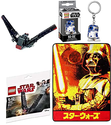 Droid Pocket Pop! Figure Mini Figure Hanger R2-D2 Bundled with Star Wars Retro Iconic Kanji Blanket Darth Vader + Kylo Ren's Shuttle Use The Force 3 Items