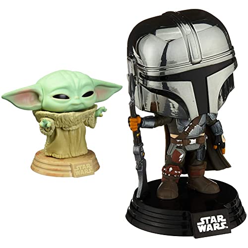 POP Funko Star Wars: Across The Galaxy - The Child, Grogu, Amazon Exclusive, (55625) & Pop! Star Wars: The Mandalorian - Mandalorian (Chrome), Amazon Exclusive, Multicolor