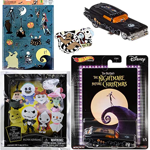 Wrapped Nightmare Jack Skellington Caddy Car Disney Funny Car Die-Cast Bundled with Wicked Before Christmas Blind Bag Mini Plush Clip Bag Hanger Figure Character & Halloweentown Window Cling 3 Items
