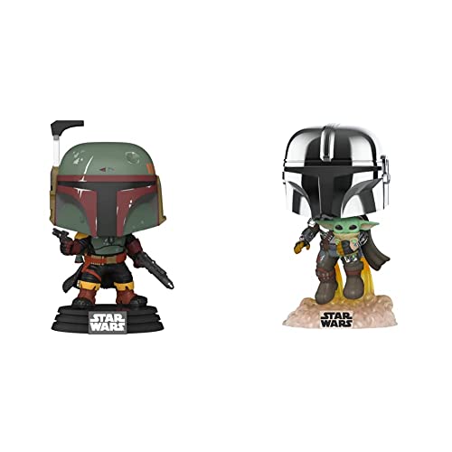 Funko POP Star Wars: Book of Boba Fett - Boba Fett,Multicolor,Standaard,60236 & Star Wars: Across The Galaxy - The Mandalorian Holding Grogu with Pin, Chrome Finish, Amazon Exclusive, (55496)
