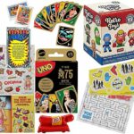 Box of Retro Fun Mystery Minis Figure Bundled with Compatible with Mattel Games Matching Uno 75th edition + Twisted Maze + Operate Classic Stickers + Weiner Whistle + Vintage Toy Trading Cards 6 items