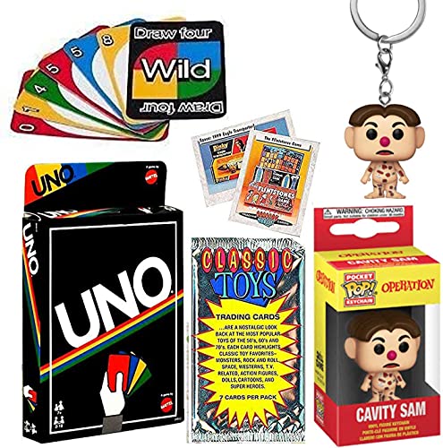 Operate Man Retro Fun Figure Cavity Sam Pocket Pop! Operation Bundled with Game Classic Compatible with Uno + Vintage Toy Trading Cards 3 Items