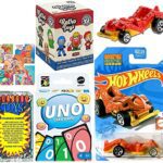 Go Retro Toys Figures Bundled with Mystery Minis Blind Box + Compatible with Uno Game + Trading Cards + Rock em' Sock Em Robot car + Candyland Stickers Collectibles 4 Items
