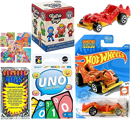 Go Retro Toys Figures Bundled with Mystery Minis Blind Box + Compatible with Uno Game + Trading Cards + Rock em' Sock Em Robot car + Candyland Stickers Collectibles 4 Items