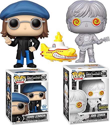 Double Lennon Rocks Figure Pop! Bundled with Exclusive Peace Glasses + Guitar John in Psychedelic Shades + Beatles Yellow Submarine Car 3-Items
