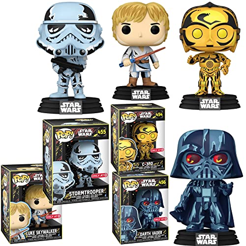 Star Comic Wars Pop! Figure Exclusive Bundled with Star Wars Retro Iconic Darth Vader + Luke Skywalker Light Saber Use The Force + Droid C3-PO + Stormtrooper 4 Items