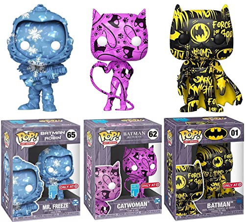 Gotham's DC Villains & Heroes Art Exclusive Pop! Figure Series Batman Black Yellow + Catwoman Returns Pink + Artist Mr. Freeze in Hard Case 3 Items