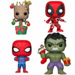 Funko Marvel: POP! Holiday Collectors Set - Groot with Lights & Ornaments, Spiderman-Man with Ugly Sweater, Hulk with Stocking & Plush, Deadpool with Candy Canes
