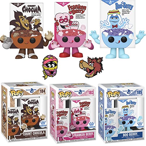 Just Add Milk General Mills Figure Pop! Bundle Count Chocula 184 Exclusive + Franken Berry Cereal 183 Store Exclusive + Boo-Berry Ghost Figure + Monster Pin 4 Pack