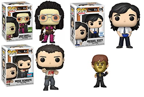Nothing Like Fun at Work! Funko POP! Bundle: Mose Schrute 1179 Exclusive/ Dwight Schrute 1072 Exclusive/ Young Michael Scott 1176 Store Exclusive/ Funko Minis Goldenface (4 Figures)