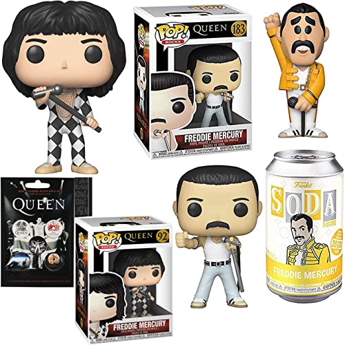 London Mecury Figure Freddy in Tin Soda Can Bundled with Queen Star Pop! Classic Pose + Vinyl Singer Rocks Harlequin + Album Pin Badge Set Collectible 4 Items