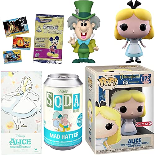 Retro Disneyland Resort Attractions Figure Exclusive Theme Park Bundled with Anniversary Alice in Wonderland Pop! + The Mad Hatter Soda Can + Disney Mini Puzzle + Trading Cards Pack 4 Item