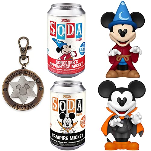 Magic Sorcerer Mickey Figure Disney Fantasia Soda Character Bundled with Disney Mickey Mouse Icon Sheriff's Badge Bag Charm + Vampire Mickey Tin Can Figure 3-Items