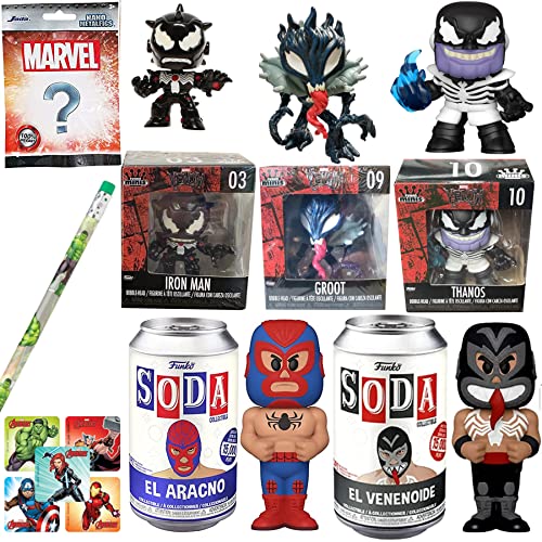 Iron-Thanos Venomized Pop Mini Figure Bundled with Iron Man + Groot + Venom Soda VS Spider-Man Lucha Libre + Blind Bag + Avengers Marvel Heroes Collectibles 6 Items