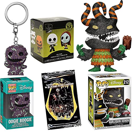 Oogie + The Harlequin: Disney POP! Exclusive Diamond Figure Bundled with Oogie Boogie Pocket Hanger + Trading Game Cards Pack + Mini NBX Blind Box 4 Pack