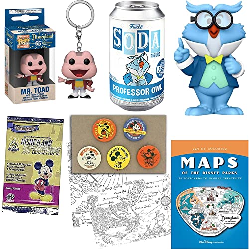 Professor Owl Disney Figure Retro Character Soda Bundled with Coloring Map Postcards + Pocket Pop! Mr. Toad Wild Hanger + Attraction Disneyland World Ride Trading Cards + Mickey Mouse Buttons 5 Items
