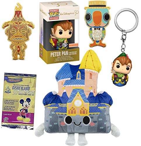 Castle Disney Ride Fantasy Land Exclusive Attraction Bundled with Figure Peter Pan Flight Diamond Pocket Pop! + Magic Kingdom Plush World Anniversary + Tikki Room Pin + Disneyland Trading Cards 4 item