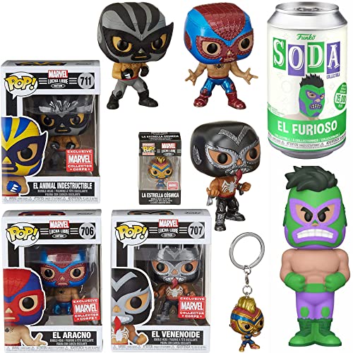 Furious Heroes Marvel Lucha Libre Wrestling Figure Hulk Soda Can Tin Bundled with Pop! El Aracno Spider-Man + Exclusive Venom + Wolverine & Cosmic Captain Pocket Hanger 5 Items