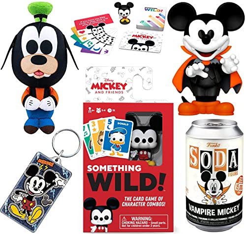 Wild Mickey Disney Figure Vinyl Soda Can Bundled with Mouse Vampire + Something Character Card Game + Goofy Mini Plush & Mickey Hanger 4-Items