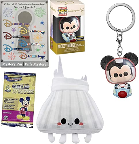 Space Ride Tomorrowland Disney Attraction Exclusive Bundled with Figure Mickey Mouse Space Mountain Pocket Pop! + Magic Kingdom Plush World Anniversary + Key Pin + Disneyland Trading Cards 4 items