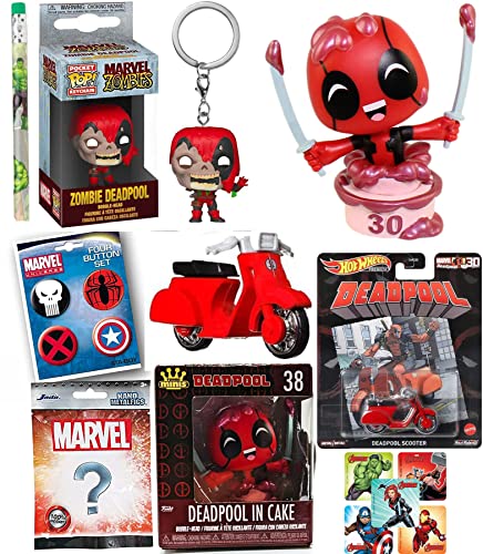 KeyPool Marvel Pop! Figure Deadpool in Cake Mini Bundled with Scooter Chimichanga Die-Cast 30th + Zombie Character / Backpack Hanger + Nano Figure Blind Bag + Hero Icon Pin Badge Collectible 5 Items
