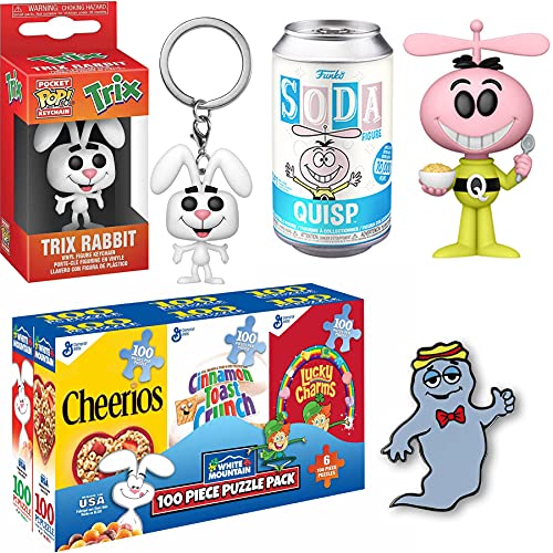 Space Quisp Alien Ad Icon Figure Retro Soda TIn Can Bundled + Boo-Berry Ghost Pin + Trix Rabbit Pocket Pop! + Morning Cereal Mini Box Puzzles 4 Items