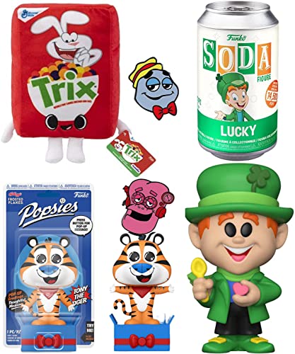 Tiger Rabbit Pop Ad Icons Morning Figure Charms Lucky Soda Can Bundled with Tony The Tiger Character Figure + Trix Plush Box + Monster Boo-Berry Frankenberry Character Pin 5 Items