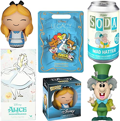 Legend of Alice Figure Disney Vinyl Bundled with Alice in Wonderland Mad Hatter Soda Can + 70th Anniversary Pin Cheshire Cat Limited Edition + Puzzle 4 Items