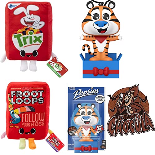 Great Tiger Tony Figure Retro Ad Icons Mascot Bundled with Trix Rabbit Plush + Monster Cereal Patch Count Chocula + from Loops Soft Box + Popsie Frosted Flakes Character Fun Pack 4 Items