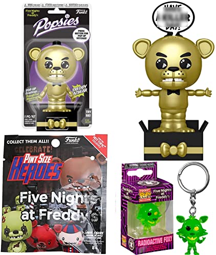 Pizza N GO Mystery Minis Figure Blind Bag FNAF Five Nights at Freddy's Bundled with Neon Green Foxy Pirate Hanger + Gold Freddy Pop Figure + Pint Size Heroes 3 Terrifying Items