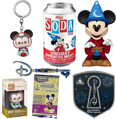 Mickey Sorcerer Fantasia Soda Disneyland Resort Attractions Space Mountain Mouse Pocket Pop Hanger Figure + Theme Park Ride Bundled with Anniversary Trading Collector Cards Pack + Mini Key Pin 4 items