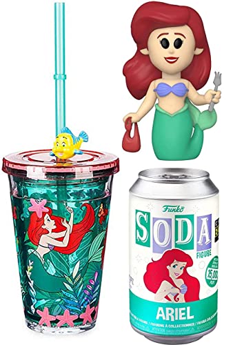 Red Head Mermaid Pop Soda Figure Princess Ariel Exclusive Disney Bundled with Little Character Cartoon Tumbler Flounder Straw 2 Items