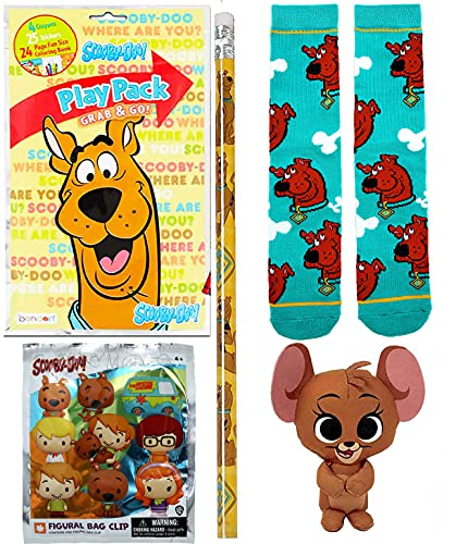 Bone Scooby Morning Cartoon Tom & Jerry Mouse Plush Figure Character Bundled with Hanna-Barbara Pack Scooby-Doo Dog Socks + Mystery Inc. Friends Clip Bag Hanger + Activity Book Stickers Pencil 5 items
