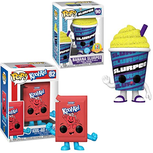 Yellow Pop! Banana Figure & Cup Exclusive Character Ad Icons Bundled with 7-11 Slurpee #90 Glitter & Kool Aid Red Packet 2 Items