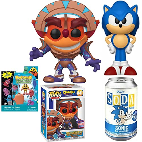 Throw it Back 90's Retro Figure Bundled with Classic Video Collection Crash Bandicoot Vinyl Pop! Exclusive + Soda Tin Can Sonic Hedgehog + Pac-Man Mini Pack 3-Items