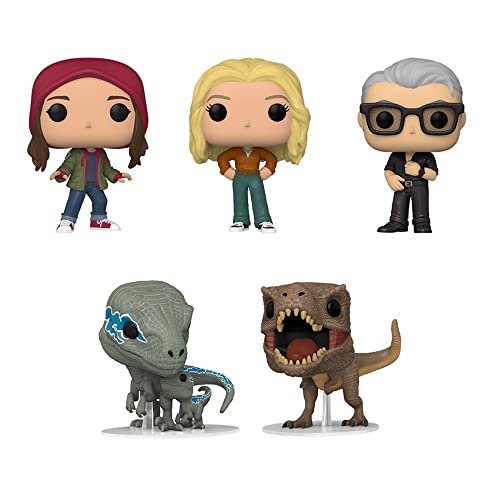 Funko Pop! Jurassic World Dominion - Set 5 - Set 2: Dr. Ian Malcom, Ellie Sattler, Maisie, T.Rex and Velociraptor (Blue & Beta)