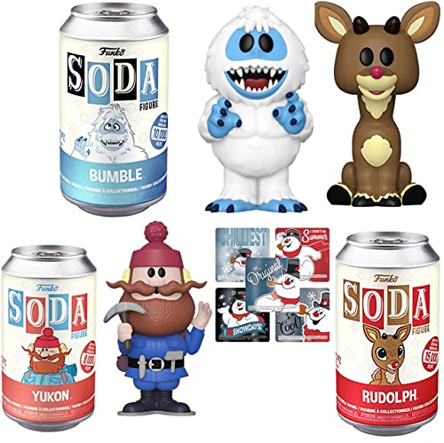 Snow Monster X-Mas Figure Rudolph Soda Can Bundled with Red-Nosed Reindeer + Bumble Tin & Yukon Cornelius + Christmas Theme Frosty Snowman Stickers 4-Items