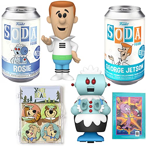 Meet George Cartoon Figure Soda Can Retro Jetsons Bundled with Rosie Robot Nostalgia Pop Culture & Hanna-Barbera + Boo Boo Bear Mag Set & Alien Widget Trading Cards 4 Items