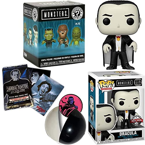 Horror Exclusive Universal Monsters Pop Figure Bundled with Classic Dracula Vinyl Character + Mini Blind Box Creature + Studio Capsule + Silver Screen Trading Cards 4 Items
