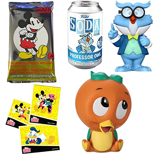 Orange Nostalgia Disney Figure Soda Tin Bundled with Professor Owl Cartoon Character Friend + Orange Bird Souvenir Bank Retro Time + Mickey Mouse Trading Cards 3 Items