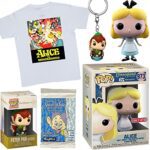Time for Tea Alice Figure Exclusive Bundled with Anniversary Alice in Wonderland Pop! + Retro Disney World Attractions Theme Park Peter Pan Flight Hanger + Disney Poster + Snow White Card Pack 4 items
