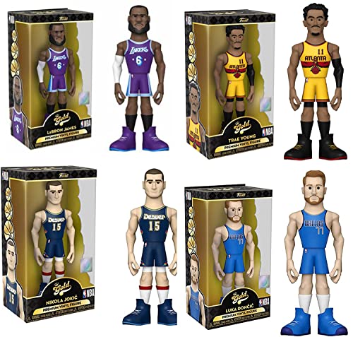 Gold Basketball Star Figure Legends Collection Bundled with NBA Court Trae Young Atlanta & Lebron James Laker + Luka Doncic Dallas + Nikola Jokic 4-Items Player Set