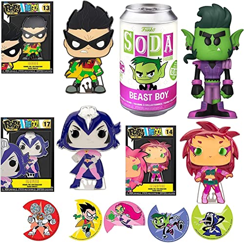 Star Teen Super Character Teen Titans Beastboy Soda Figure Hero Pack Adventure Cartoon DC Bundled with Pop! Pin Robin & Starfire, Raven Display + Action Stickers! Cyborg, Fire, Beast Boy 4 item Bundle