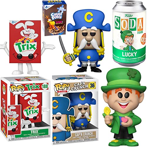 Crunch Luck Rabbit Pop! Ad Icons Morning Figure Charms Lucky Leprechaun Soda Can Bundled with Captain with Cap'n Sword + Trix Character + Mini Box Puzzle 4 Items