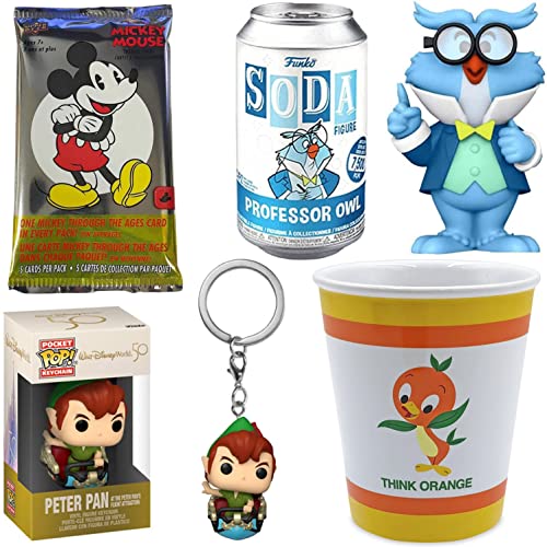 Birdie Nostalgia Orange Disney Figure Soda Tin Bundled with Professor Owl Cartoon Character Friend + Orange Bird Souvenir Retro Time + Peter Pan Pocket Pop! + Mickey Mouse Trading Cards 4 Items