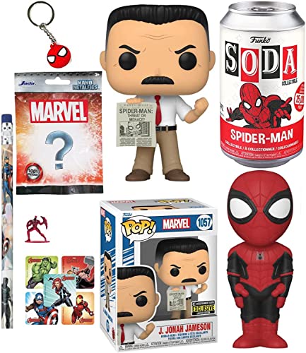 Threat of Spider-Man Jameson Pop! Figure Exclusive J. Jonah Bundled with No Way Home Soda Can Hero + Die-Cast Marvel Nano Fig + Hanger + Pencil & Stickers 3-Items