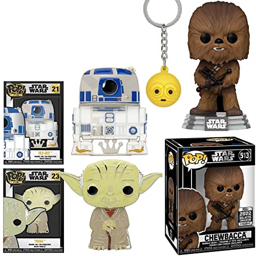 Wookiee Warrior Star Wars Pop! Exclusive Chewbacca Figure Bundled with Retro Iconic R2-D2 Droid Big Pin + Yoda Fig Use The Force + SC3-PO Crew Hanger 4 Items